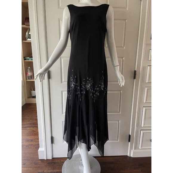 Vintage Y2K 90s Midi Beaded Black Sheer Asymmetrical Scarf Hem Dress Sz 14W - Picture 3 of 15